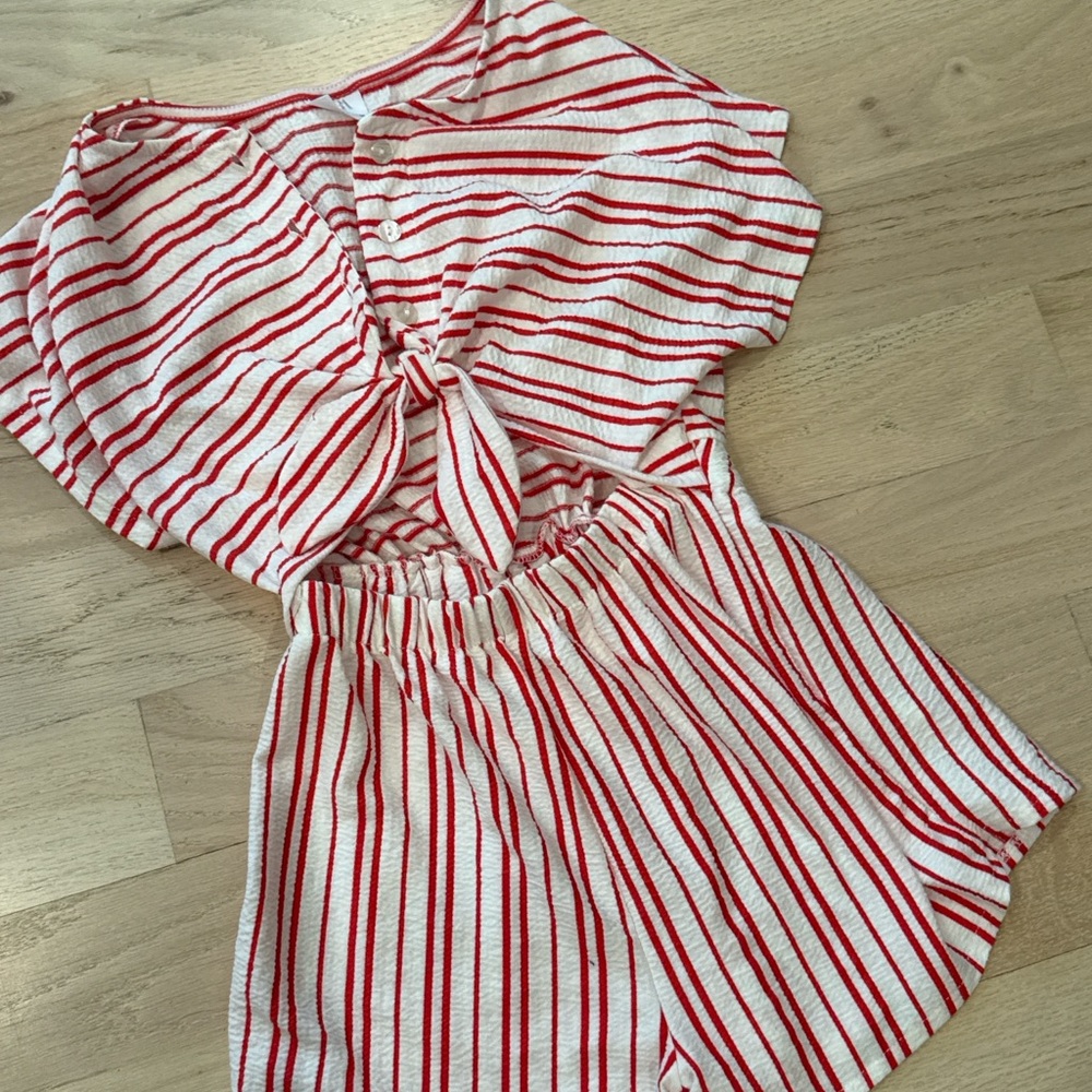 Zara Red & White Striped Kids Tie-Front Romper